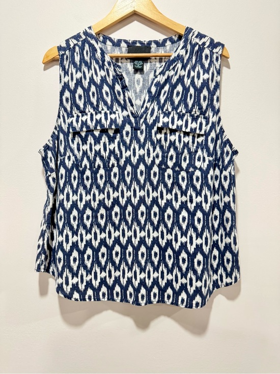Cynthia Rowley Tops - Cynthia Rowley Linen Blend Ikat Print Sleeveless Blouse Blue White Size 1X